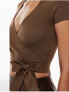 Aritzia Ribbed Wrap Crop Top in Brown with Tie